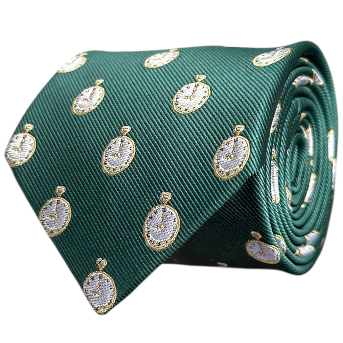 A green necktie with gold pocket watch embroidery.