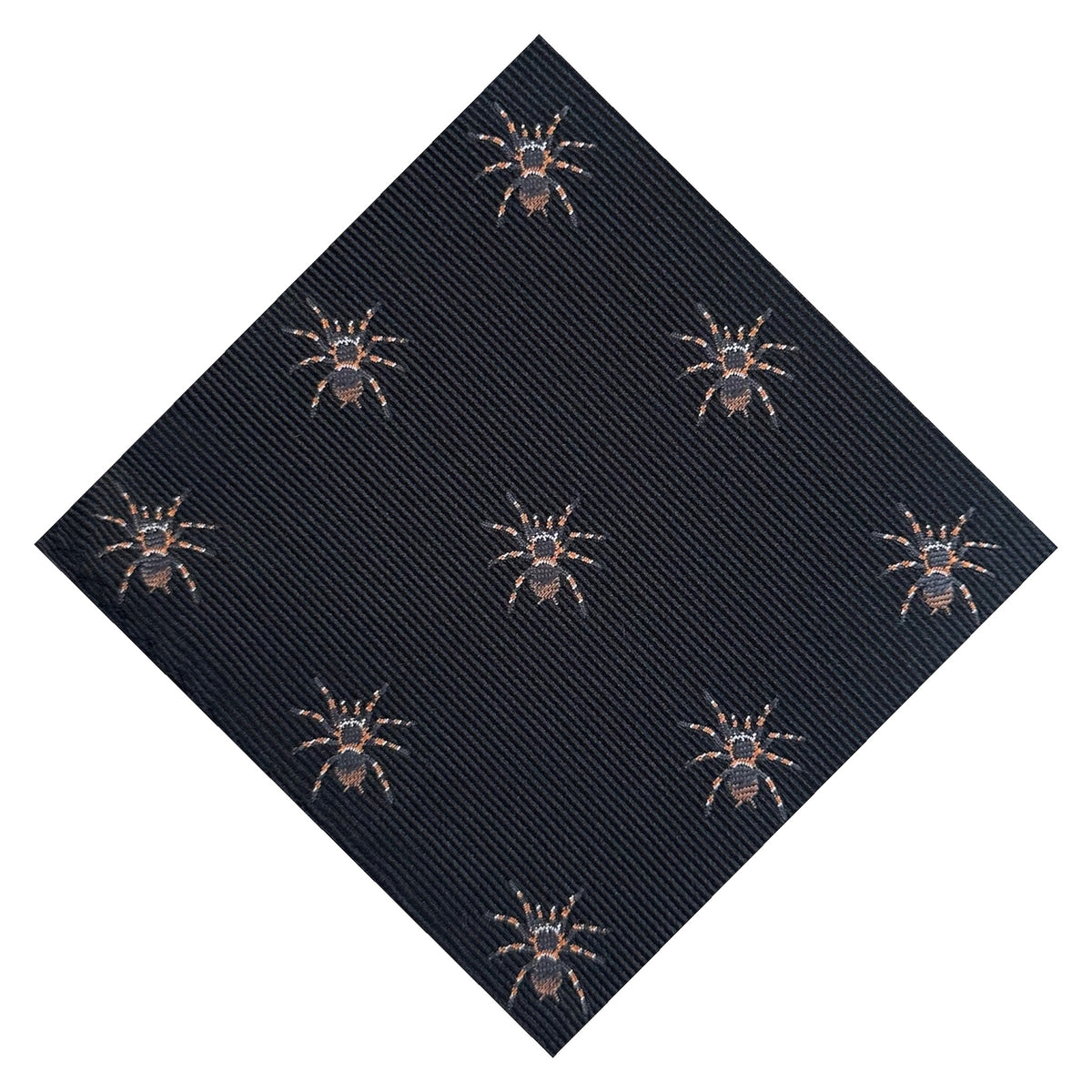 A black pocket square with tarantula embroidery.