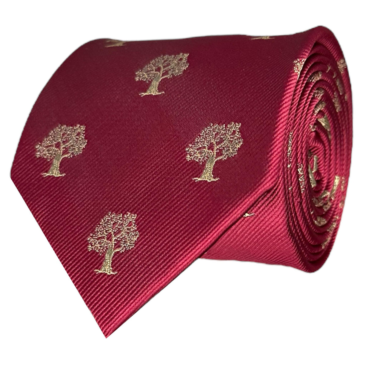 A red necktie with an intricate gold tree pattern.