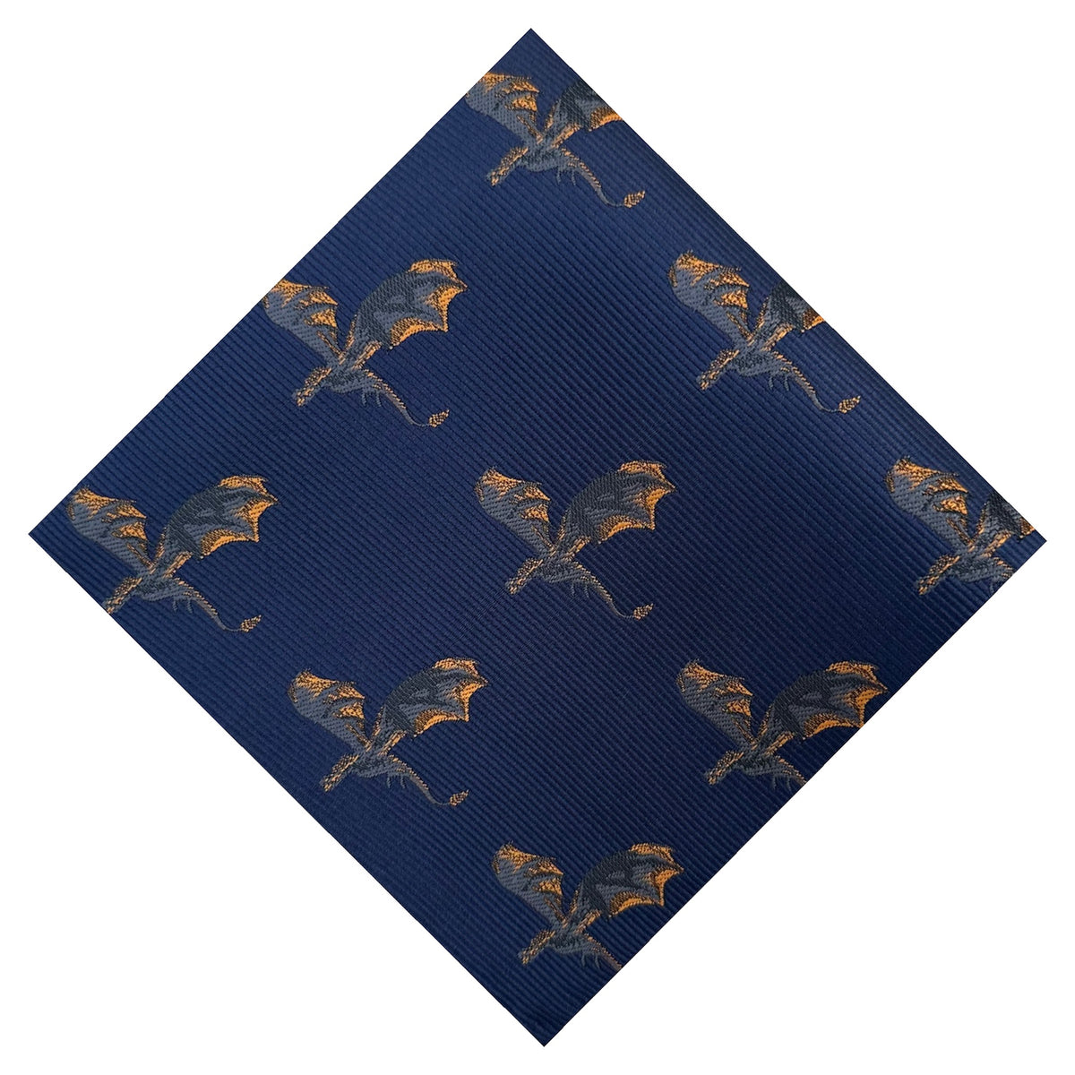 A blue pocket square with intricate fire dragon embroidery.