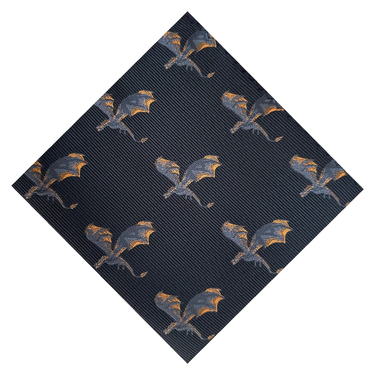 A black pocket square with intricate fire dragon embroidery