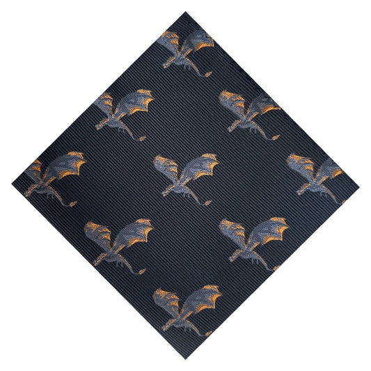 A black pocket square with intricate fire dragon embroidery