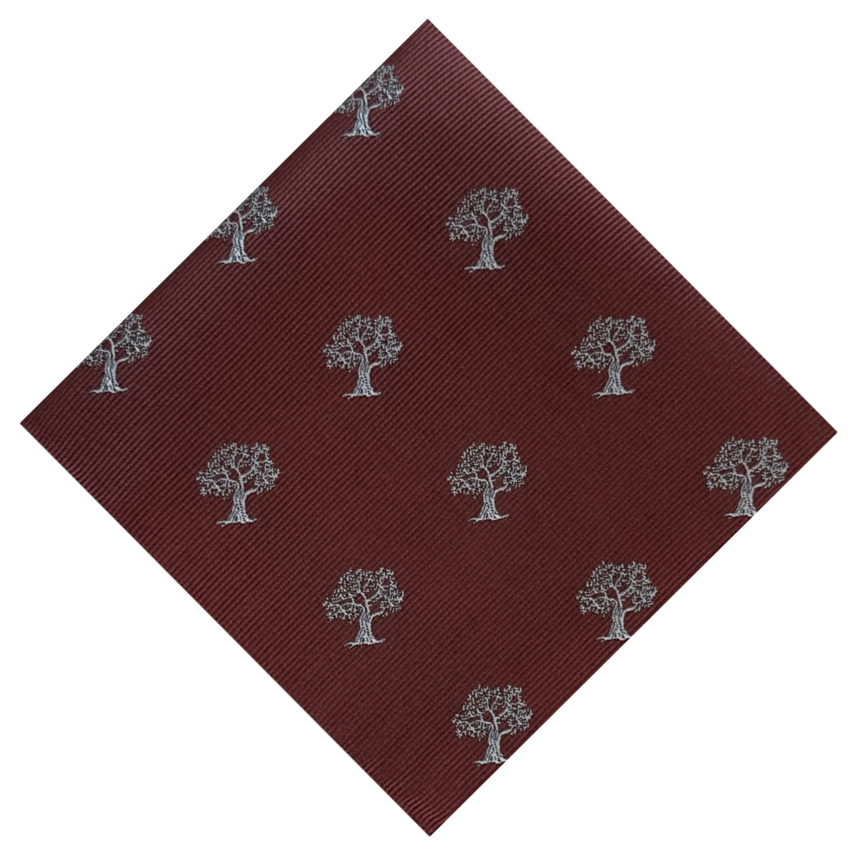 Brown pocket square with intricate white tree embroidery 
