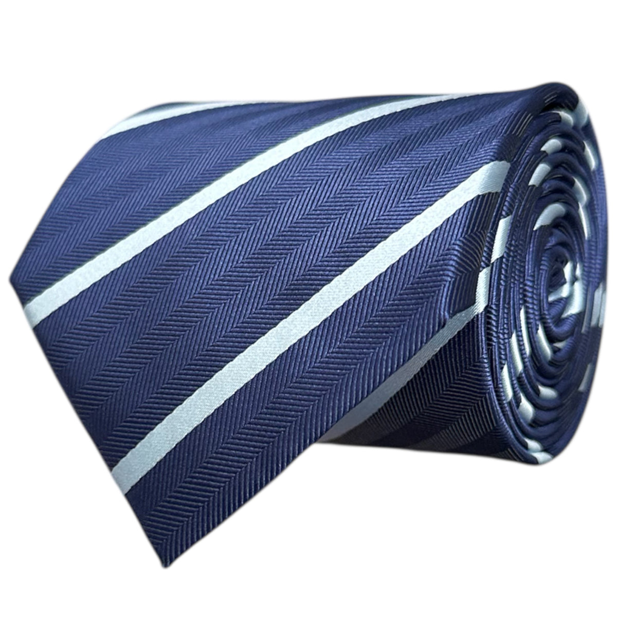 Rolled-up navy blue tie with light blue stripes on a white background