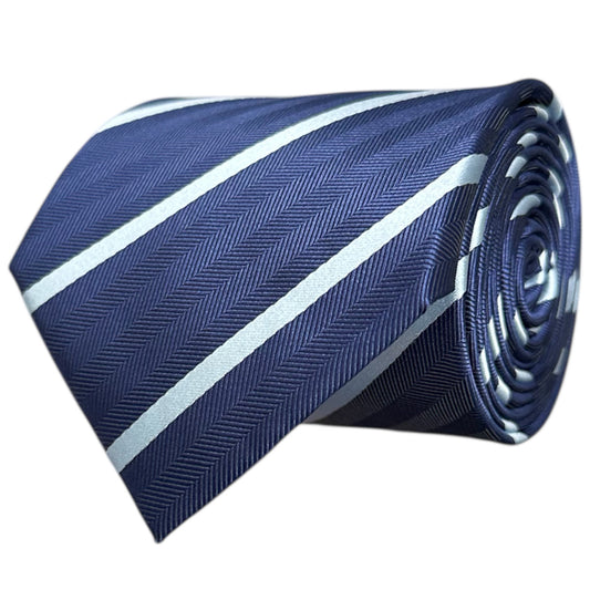 Rolled-up navy blue tie with light blue stripes on a white background