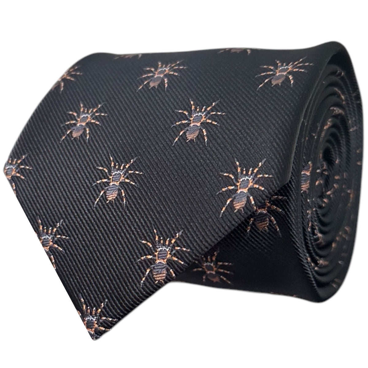 A black necktie with embroidered tarantula designs in a pattern.