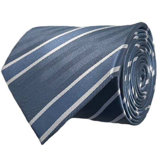 Rolled-up blue tie with white stripes on a white background
