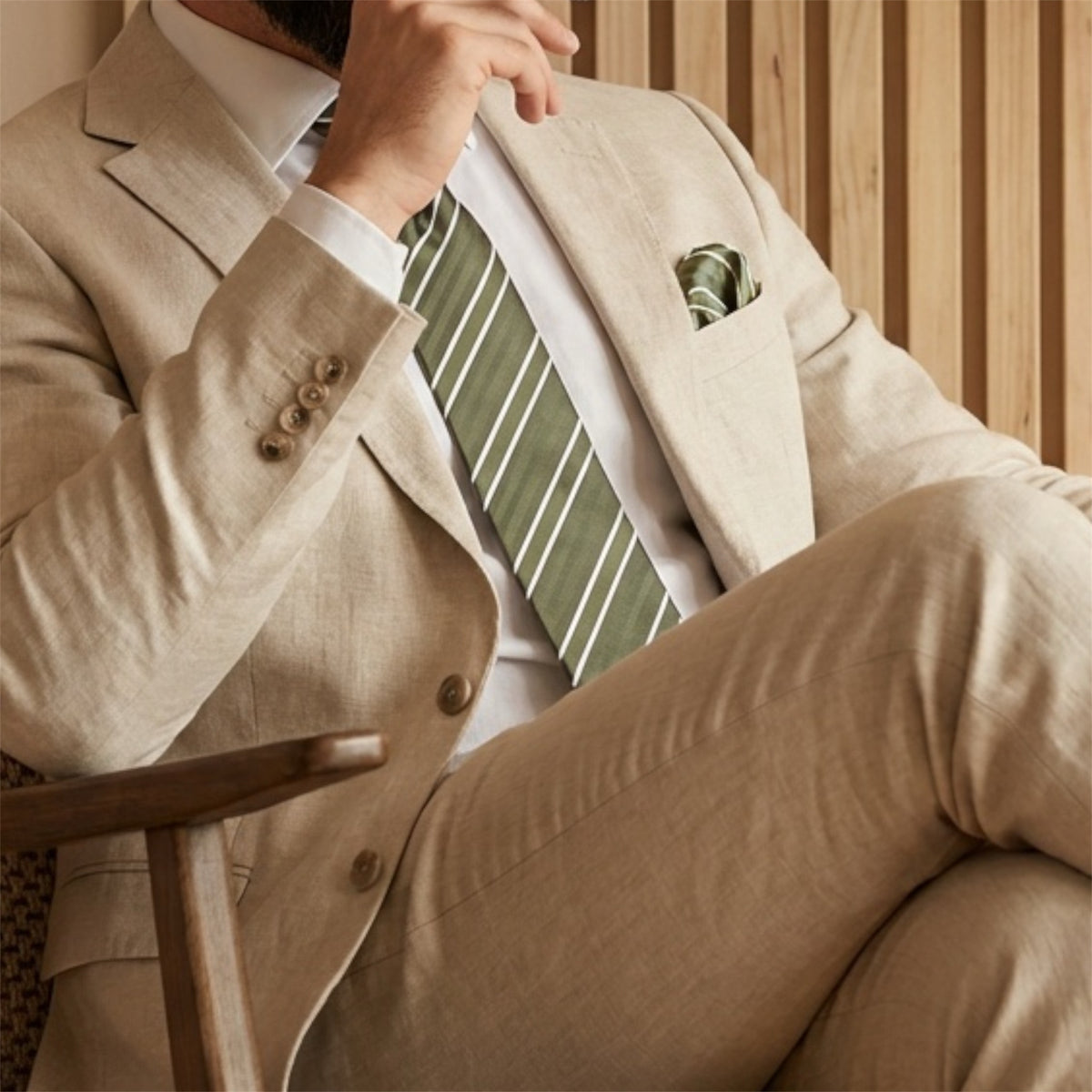 Khaki & White Stripe Pocket Square - Charleston Edit