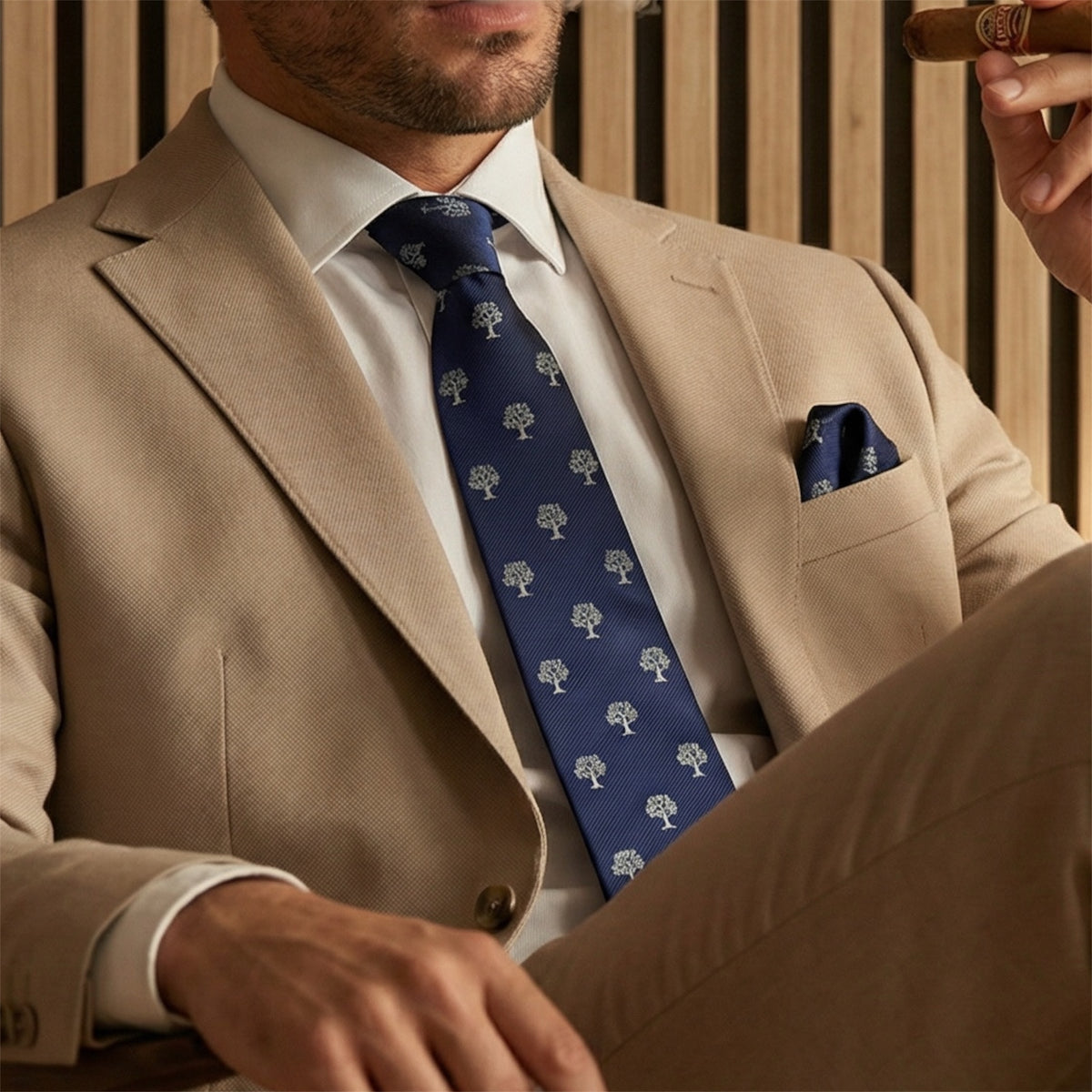Tree Pocket Square Navy Blue & Silver