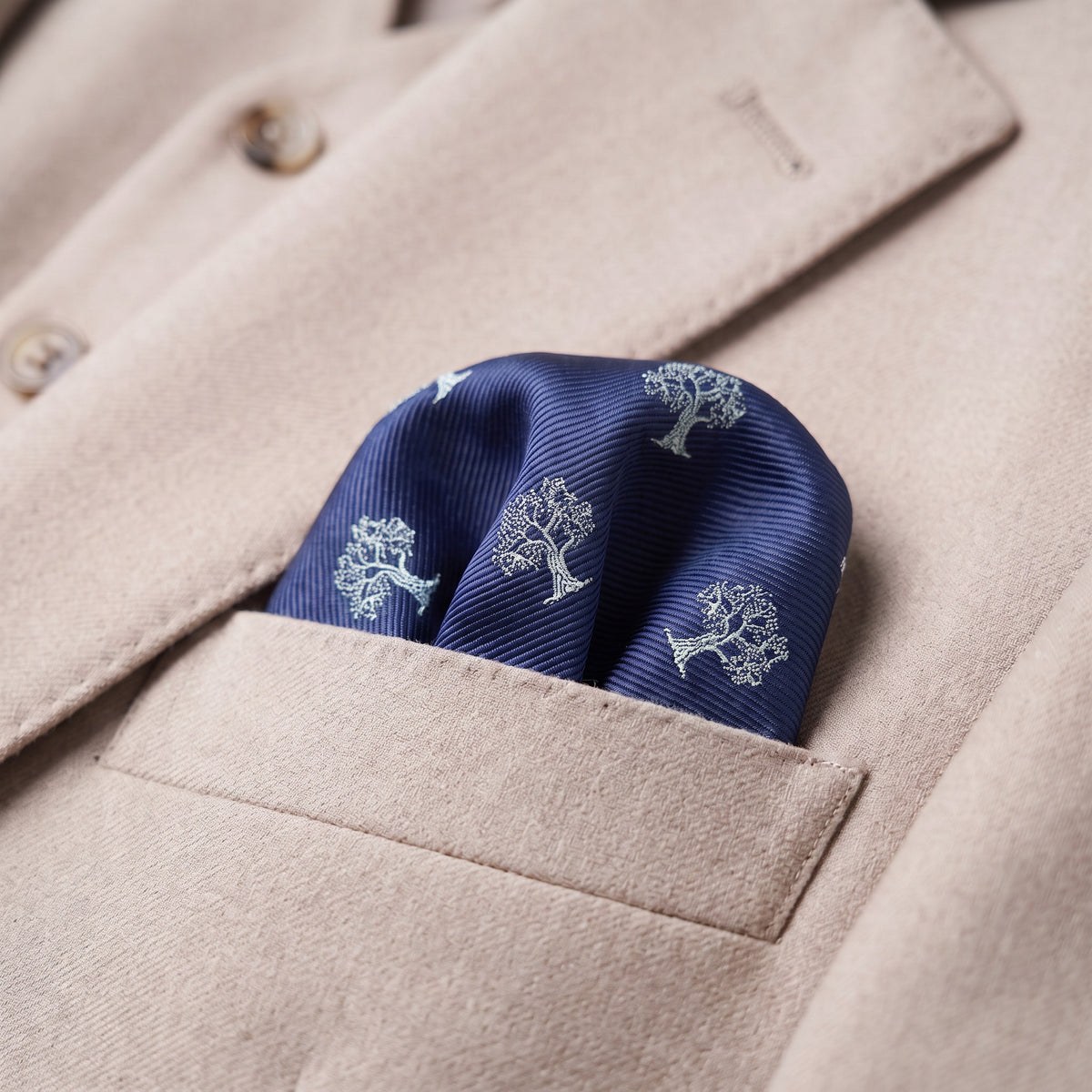 Tree Pocket Square Navy Blue & Silver